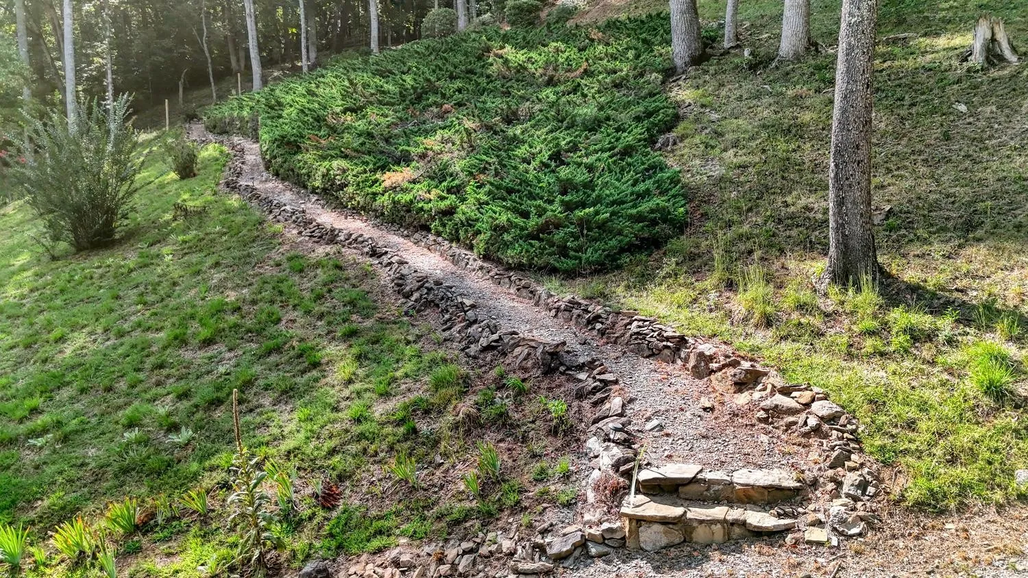 Brasstown Creek lined with stacked-stone banks beside a shared lawn dotted with mature hardwoods