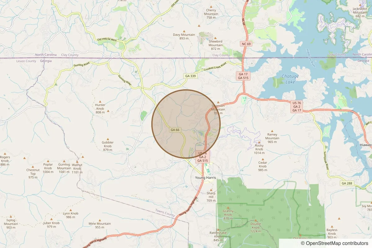 Map of the area around Young Harris, Georgia, with a shaded circle just north of town along GA 66 marking the general location of The Cliff Retreat, near Lake Chatuge and the North Carolina line